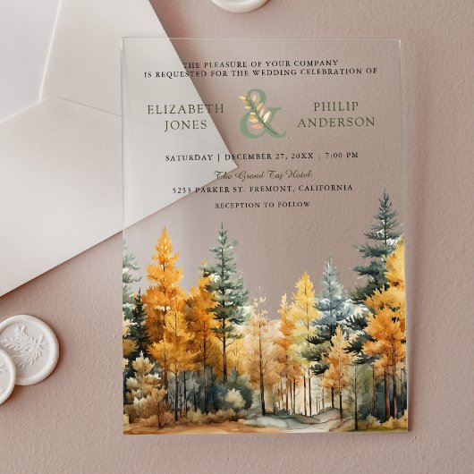 Rustikale Herbst-Kiefernbäume-Hochzeit Acryleinladungen
