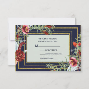 Rustikale Herbst-Marsala-Blumen Navy Blau Gold RSV RSVP Karte