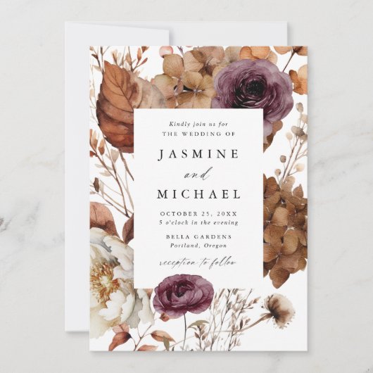 Rustikale Herbst-Marsala-Blumenzange Einladung (Vorderseite)