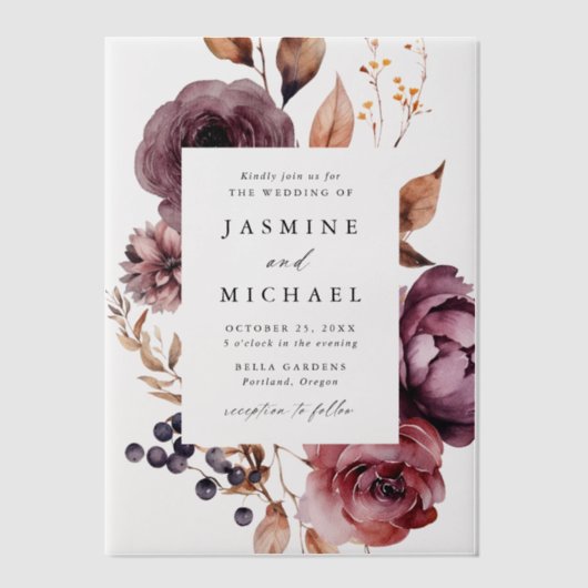 Rustikale Herbst-Marsala-Blumenzange Pergament Einladungen (Vorderseite)