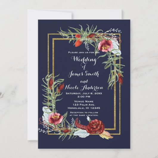 Rustikale Herbst Marsala Floral Navy Blue Gold Hoc Einladung (Vorderseite)