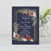 Rustikale Herbst Marsala Floral Navy Blue Gold Hoc Einladung (Stehend Vorderseite)