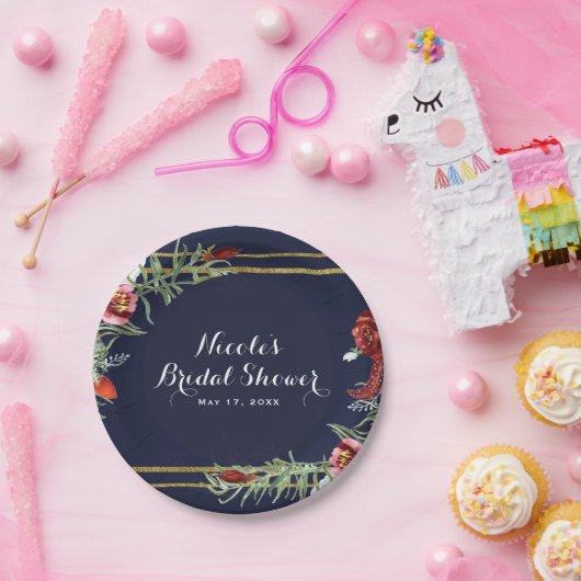 Rustikale Herbst Marsala Floral Navy Blue Gold Hoc Pappteller (Party)