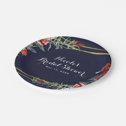 Rustikale Herbst Marsala Floral Navy Blue Gold Hoc Pappteller (Schrägansicht)