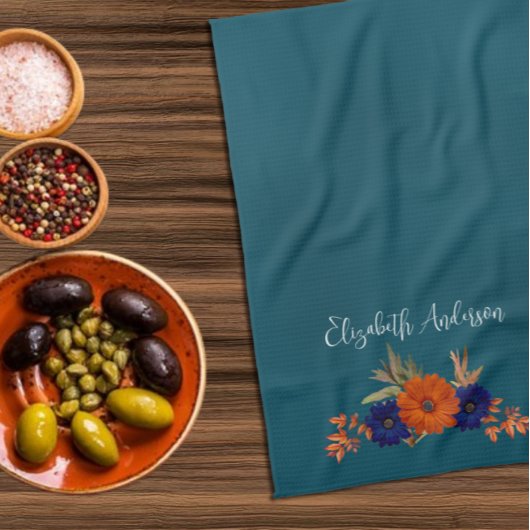 Rustikale Herbst-Orange-Navy-Blau-Blumen Geschirrtuch