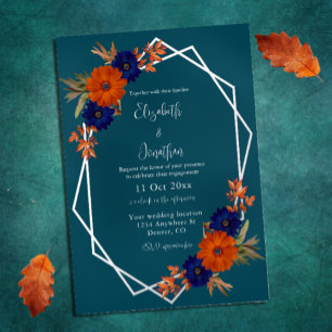 Rustikale Herbst-Orange-Navy-Blau-Floral-Hochzeit Folieneinladung