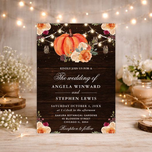 Rustikale Herbst-Orange Pumpkins Blumenhochzeit Einladung