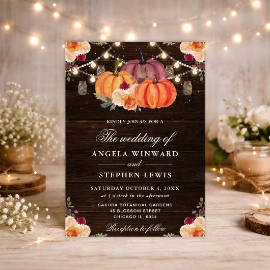 Rustikale Herbst-Orange Pumpkins Blumenhochzeit Einladung