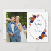 Rustikale Herbst-Orangenblauer Blumenhochzeit Dankeskarte (Vorderseite)