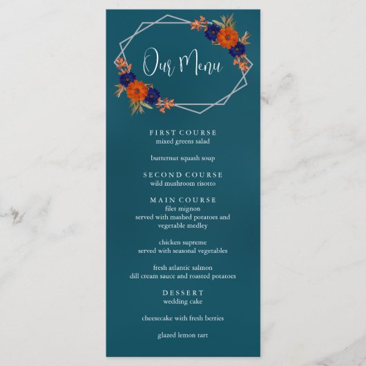 Rustikale Herbst-Orangenblauer Blumenhochzeit Menükarte (Vorderseite)
