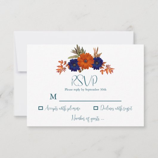 Rustikale Herbst-Orangenblauer Blumenhochzeit RSVP Karte (Vorderseite)