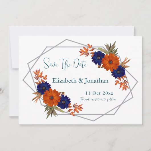 Rustikale Herbst-Orangenblauer Blumenhochzeit Save The Date (Vorderseite)