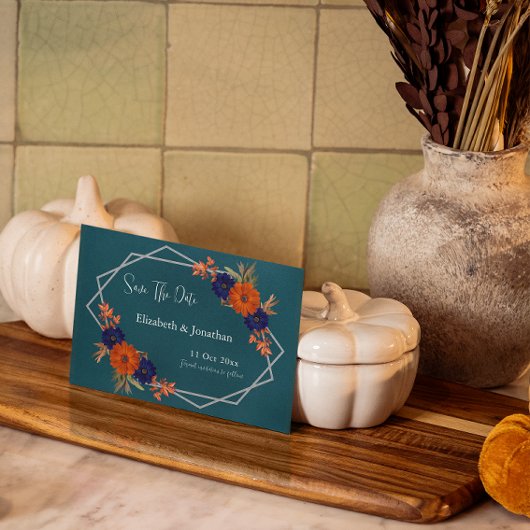 Rustikale Herbst-Orangenblauer Blumenhochzeit Save The Date