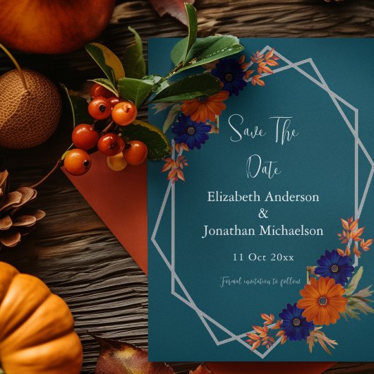 Rustikale Herbst-Orangenblauer Blumenhochzeit Save The Date