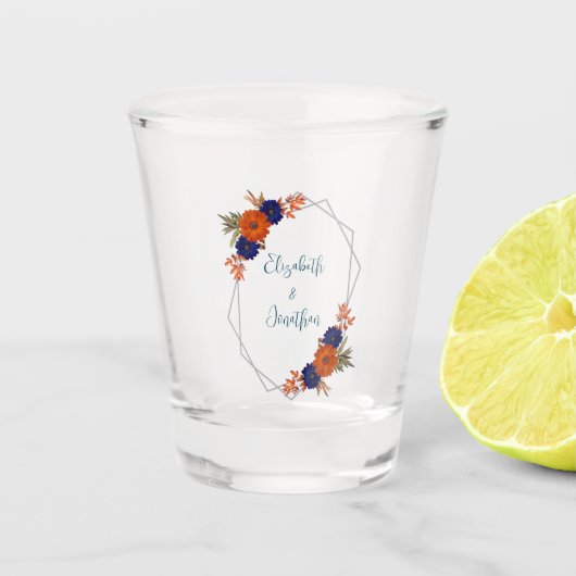 Rustikale Herbst-Orangenblauer Blumenhochzeit Schnapsglas (Vorderseite)