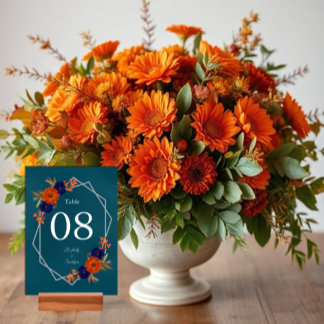Rustikale Herbst-Orangenblauer Blumenhochzeit Tischnummer