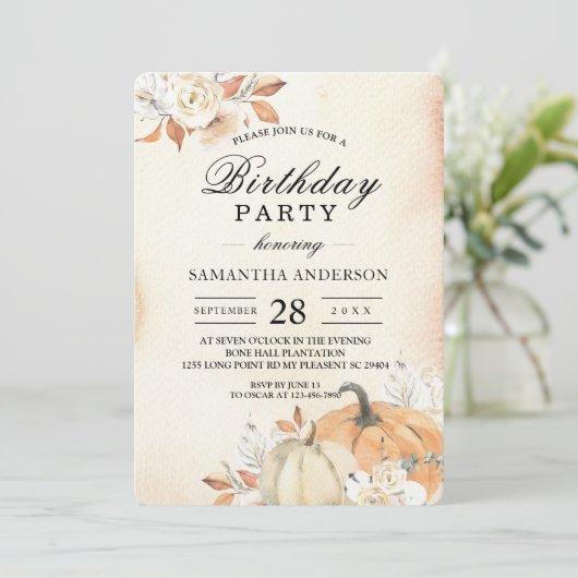 Rustikale Herbst-Orangenpumpen & Blume Einladung (Stehend Vorderseite)