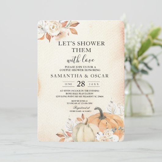 Rustikale Herbst-Orangenpumpen & Blume Einladung (Stehend Vorderseite)