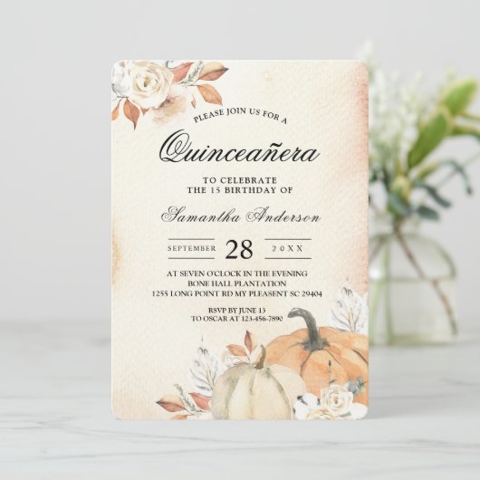 Rustikale Herbst-Orangenpumpen & Blume Einladung (Stehend Vorderseite)