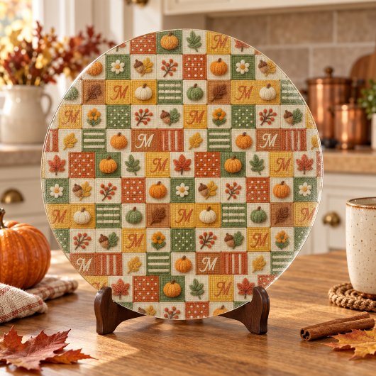 Rustikale Herbst-Patchwork-Kürbis-Monogramm Schneidebrett