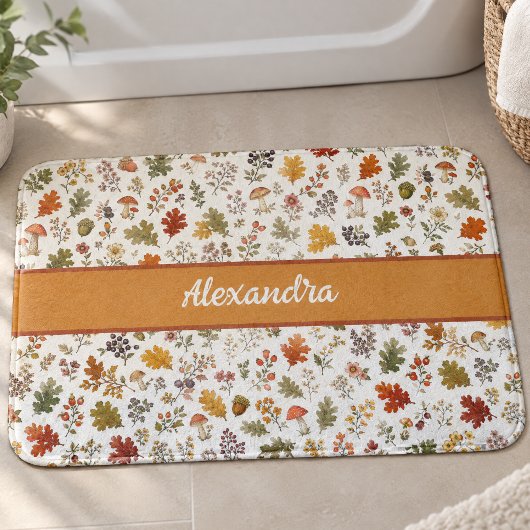 Rustikale Herbst-Pilz-Blätter Wald-Monogramm-Name Badematte