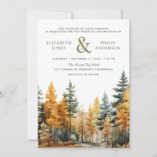 Rustikale Herbst-Pine-Bäume QR-Code Hochzeit Einladung (Vorderseite)