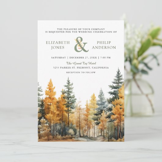 Rustikale Herbst-Pine-Bäume QR-Code Hochzeit Einladung (Stehend Vorderseite)