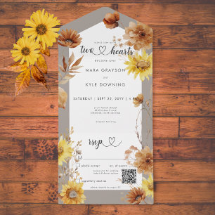 Rustikale Herbst-Sonnenblume Taupe & Weiß QR Code All In One Einladung