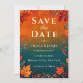 Rustikale Herbst-Teal- und Orange-Blätter Save the Date (Vorderseite)