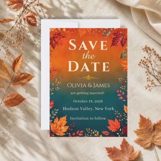 Rustikale Herbst-Teal- und Orange-Blätter Save the Date