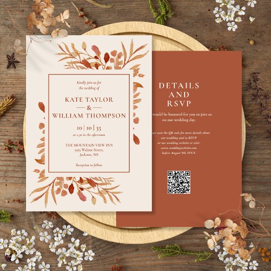 Rustikale Herbst Terrakotta-QR-Code-Hochzeit Einladung