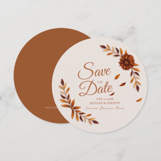Rustikale Herbstblätter Burnt Sienna Beige Hochzei Save The Date (Vorne/Hinten)
