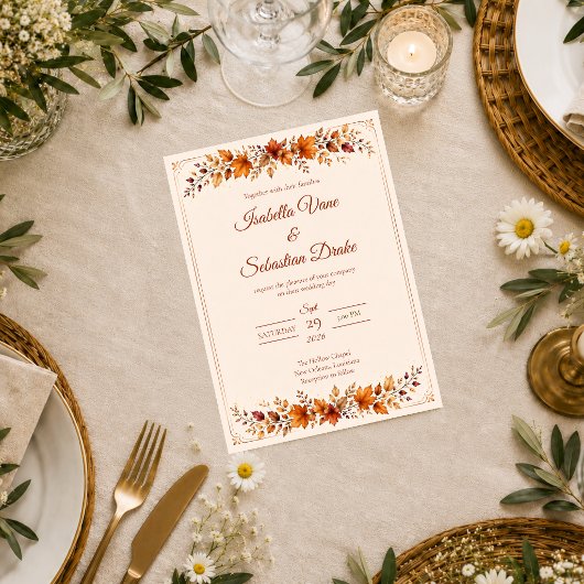 Rustikale Herbstblätter-Hochzeit Einladung