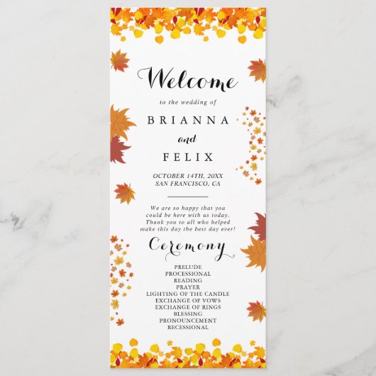 Rustikale Herbstblätter-Hochzeit Programm (Vorderseite)