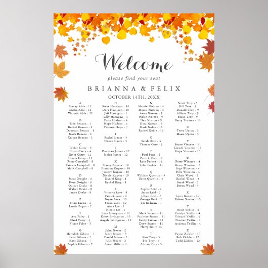 Rustikale Herbstblätter Hochzeit Sitzplan Poster (Vorne)