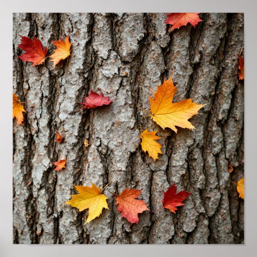 Rustikale Herbstblätter in Herbstfarben Baumrinde Poster (Vorne)