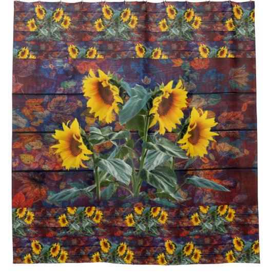Rustikale Herbstblätter und Sonnenblumen Duschvorhang (Vorderseite)