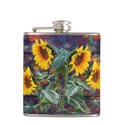 Rustikale Herbstblätter und Sonnenblumen Flachmann (Vorderseite)