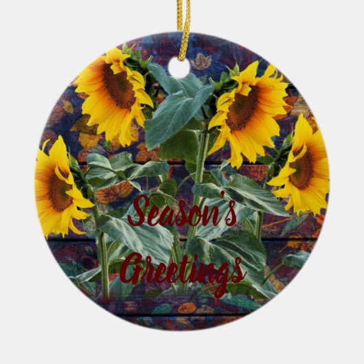 Rustikale Herbstblätter und Sonnenblumen Keramik Ornament (Vorne)