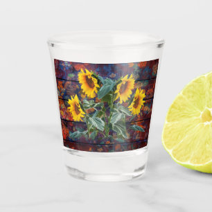 Rustikale Herbstblätter und Sonnenblumen Schnapsglas