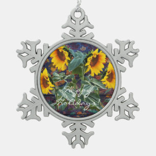 Rustikale Herbstblätter und Sonnenblumen Schneeflocken Zinn-Ornament
