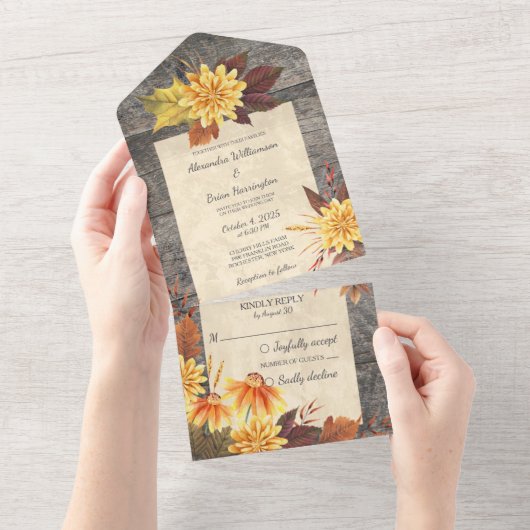 Rustikale HerbstBlume auf Holz All In One Einladung (Abreißen)