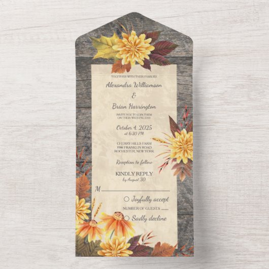 Rustikale HerbstBlume auf Holz All In One Einladung (Innen Boden)