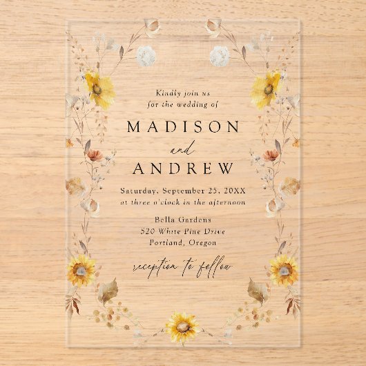 Rustikale Herbstblumen und Wildblumen Hochzeiten Acryleinladungen (Vorderseite)