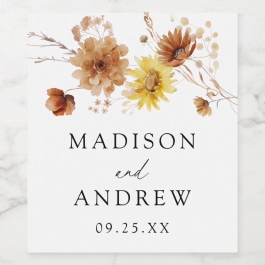 Rustikale Herbstblumen und Wildblumen Hochzeiten Weinetikett (Einzelnes Label)