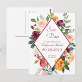 Rustikale Herbstblumen Weinrot Save The Date Postkarte (Vorne/Hinten)