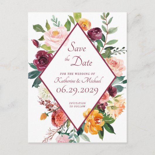 Rustikale Herbstblumen Weinrot Save The Date Postkarte (Vorderseite)