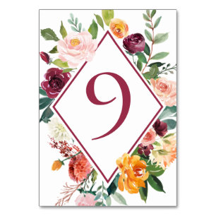 Rustikale Herbstblumen Weinrote Tischnummern