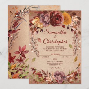Rustikale Herbstblüte Burgund Amber Hochzeit im He Einladung