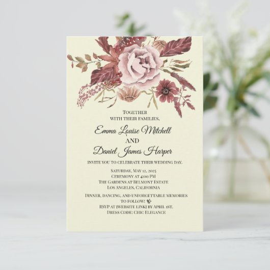 Rustikale Herbstblüten Cremes Hintergrund Wasserfa Einladung (Stehend Vorderseite)